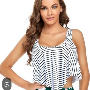 Women's Black and White Striped Swim Top And Black Swim Bottoms NWOT